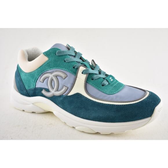 Chanel 19K Mens Green Grey Teal Blue White CC Logo Low Top Trainer Sneaker 44 11 - Picture 5 of 12